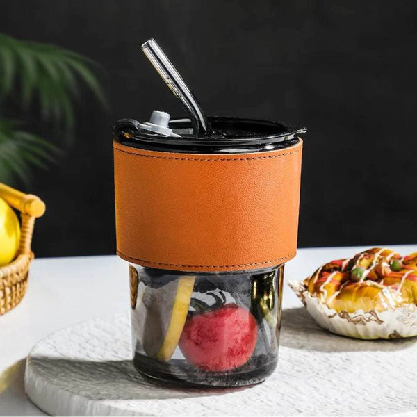 Glass Tumbler with Straw, Lid &  With Protective Leather Sleeve