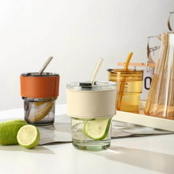Glass Tumbler with Straw, Lid &  With Protective Leather Sleeve